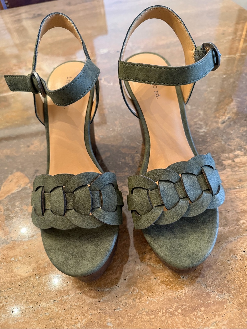 Indigo Rd. Olive Green Woven Suede Ankle Strap Heels